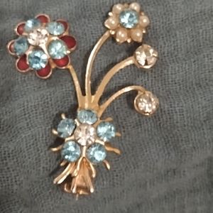 Vintage Gold/Gold Plate Cultured Pearls  Enamel Rhinestones Floral Brooch 2"